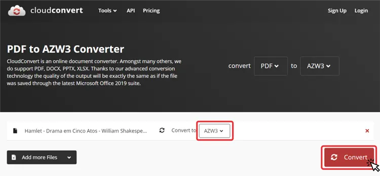 Converter online arquivo kindle — passo 3